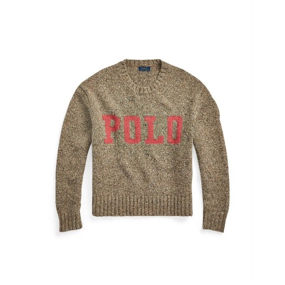 POLO RALPH LAUREN Tan Pink Logo Wool Blend Varsity Crew Neck Sweater, Size S - Picture 5 of 15